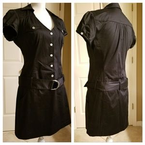 GUESS V Neck Button Up Drop Waist Belted Dress